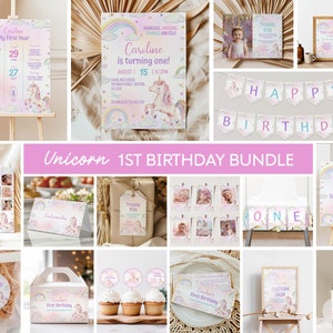 Editable Unicorn Birthday Party Kit, Rainbow Unicorn Invitation Set, Magical 1st Birthday Printables for Girls, DIY Unicorn Decorations U004