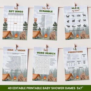 May include: A set of six printable baby shower games, including bingo, word scramble, and word search. Each game card features a watercolor illustration of a bear, tent, and campfire. The cards are 5x7 inches.