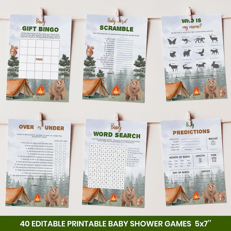 May include: A set of six printable baby shower games, including bingo, word scramble, and word search. Each game card features a watercolor illustration of a bear, tent, and campfire. The cards are 5x7 inches.