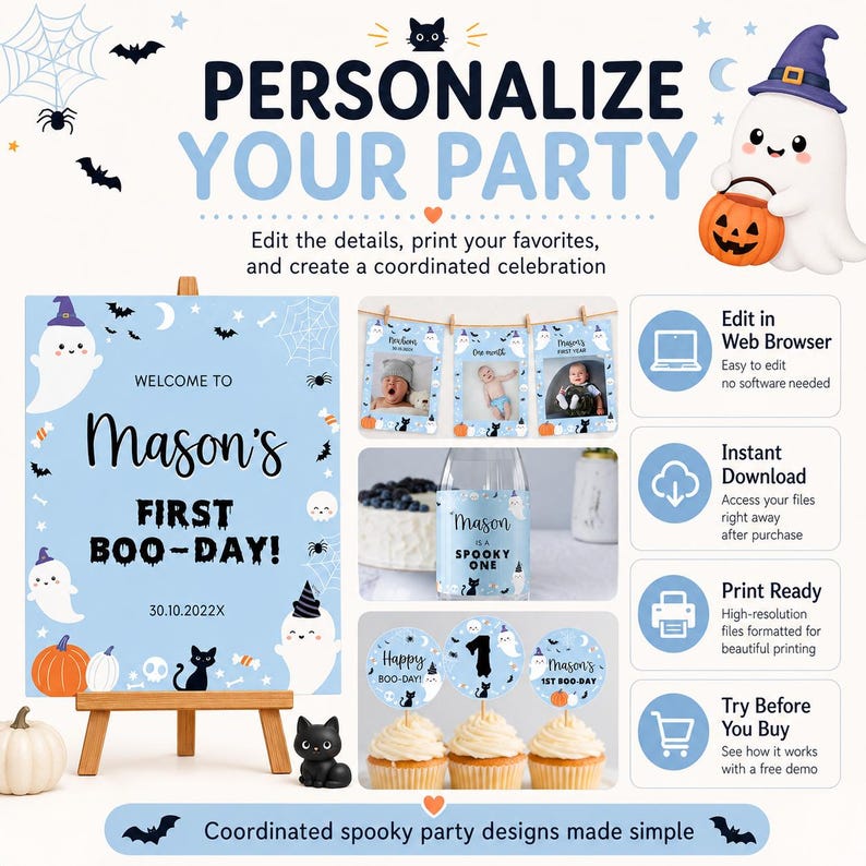 Editable Spooky One Birthday Invitation Bundle, Halloween 1st Birthday Party Decor Kit, Little Boo Birthday Package Instant Download. HA01 image 2