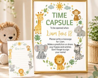 Könnte beinhalten: Ein goldgerahmtes Schild und eine passende Karte mit Aquarell-Dschungeltieren wie Giraffe, Affe, Nashorn, Elefant, Zebra und Löwe. Das Schild trägt die Aufschrift: TIME CAPSULE To be opened when Liam turns 18. Please write a message for Liam.