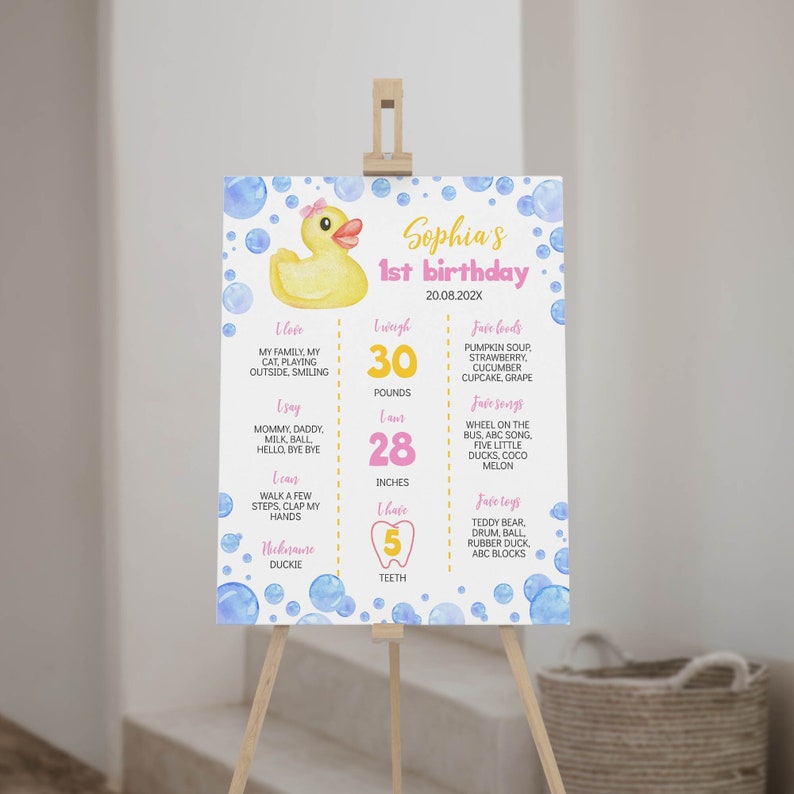 May include: A white birthday milestone sign featuring a yellow rubber duck with a pink bow, blue watercolor bubbles, and pink and yellow text. It lists Sophia's 1st birthday details including 30 pounds, 28 inches, and 5 teeth, dated 20.08.202X.