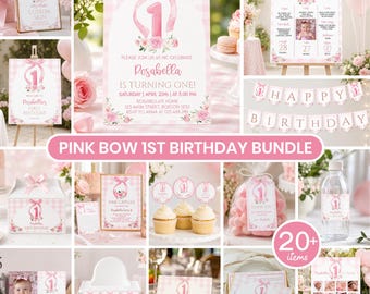May include: A pink and white gingham first birthday party decoration bundle featuring a large number one, floral accents, and bows. The set includes invitations, milestone signs, cupcake toppers, banners, favor tags, and water bottle labels.