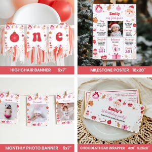 May include: A collection of Christmas-themed first birthday party supplies including a highchair banner, a 40.6x50.8 cm milestone poster, a monthly photo banner, and a 10.2x13.3 cm chocolate bar wrapper, all featuring red and pink holiday graphics.