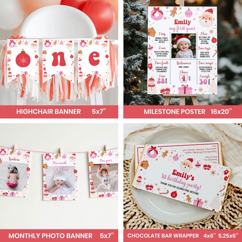 May include: A collection of Christmas-themed first birthday party supplies including a highchair banner, a 40.6x50.8 cm milestone poster, a monthly photo banner, and a 10.2x13.3 cm chocolate bar wrapper, all featuring red and pink holiday graphics.