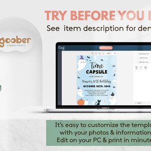 May include: A laptop displaying a digital Time Capsule template with Halloween-themed graphics including ghosts, a pumpkin, and a black cat. The text reads Time Capsule to be opened on Mason's 18th birthday, October 30th, 2048, with instructions to write a message.