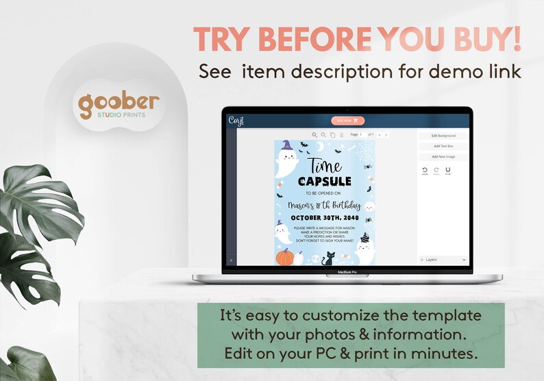 May include: A laptop displaying a digital Time Capsule template with Halloween-themed graphics including ghosts, a pumpkin, and a black cat. The text reads Time Capsule to be opened on Mason's 18th birthday, October 30th, 2048, with instructions to write a message.