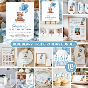 Beary First Birthday Bundle Boy | Blue Teddy Bear Party Decor Set | Baby Boy 1st Birthday Printable Package, Printable Template. T004