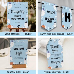 May include: A collection of light blue Halloween-themed party decorations featuring ghosts, pumpkins, and cats. Items include a 16x20 inch welcome sign, an 8x5.2 inch banner, an 8x10 inch custom sign, and a 2x3.5 inch thank you tag with black text.