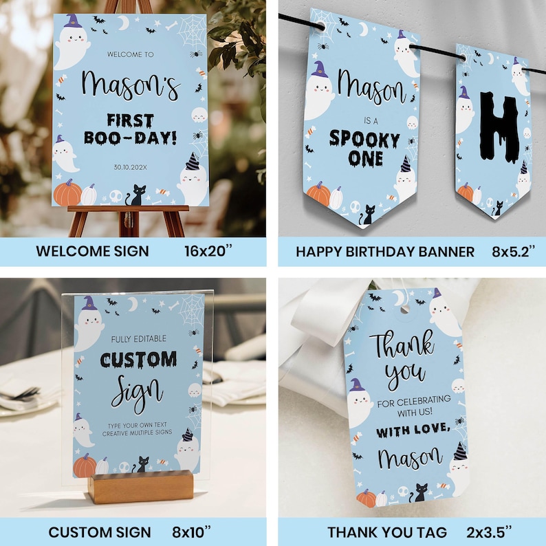 May include: A collection of light blue Halloween-themed party decorations featuring ghosts, pumpkins, and cats. Items include a 16x20 inch welcome sign, an 8x5.2 inch banner, an 8x10 inch custom sign, and a 2x3.5 inch thank you tag with black text.