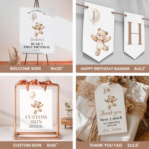 K&ouml;nnte beinhalten: Ein Set druckbarer Partydekorationen f&uuml;r einen ersten Geburtstag mit einem B&auml;ren-Thema. Das Set beinhaltet ein Willkommens-Schild, ein Banner, ein individuelles Schild und ein Dankesch&ouml;n-Etikett. Die Dekorationen zeigen einen braunen B&auml;ren, der einen Ballon mit der Nummer eins h&auml;lt. Das Willkommens-Schild sagt "Willkommen zu Jacksons Bear-y First Birthday". Das Banner sagt "Happy Birthday". Das individuelle Schild sagt "Custom Sign". Das Dankesch&ouml;n-Etikett sagt "Vielen Dank, dass du mit mir gefeiert hast! Liebe, Jackson".