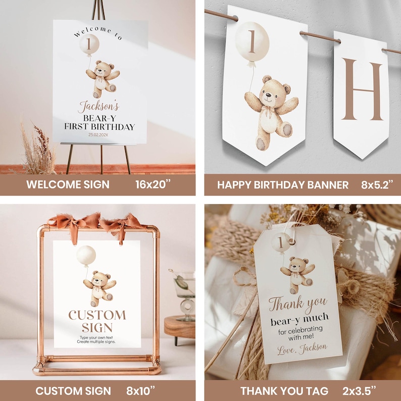 K&ouml;nnte beinhalten: Ein Set druckbarer Partydekorationen f&uuml;r einen ersten Geburtstag mit einem B&auml;ren-Thema. Das Set beinhaltet ein Willkommens-Schild, ein Banner, ein individuelles Schild und ein Dankesch&ouml;n-Etikett. Die Dekorationen zeigen einen braunen B&auml;ren, der einen Ballon mit der Nummer eins h&auml;lt. Das Willkommens-Schild sagt "Willkommen zu Jacksons Bear-y First Birthday". Das Banner sagt "Happy Birthday". Das individuelle Schild sagt "Custom Sign". Das Dankesch&ouml;n-Etikett sagt "Vielen Dank, dass du mit mir gefeiert hast! Liebe, Jackson".