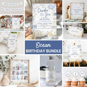 May include: An ocean-themed birthday party bundle featuring invitations, thank you cards, a banner, and a custom sign. The designs include whales, jellyfish, and other sea creatures in blue and beige tones. The bundle also includes a framed photo collage and water bottle labels.