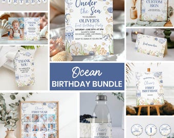 Editable Under The Sea Birthday Invitation Bundle, Cute Ocean 1st Birthday Bundle, Oneder The Sea Birthday Party Package, Printable. O015