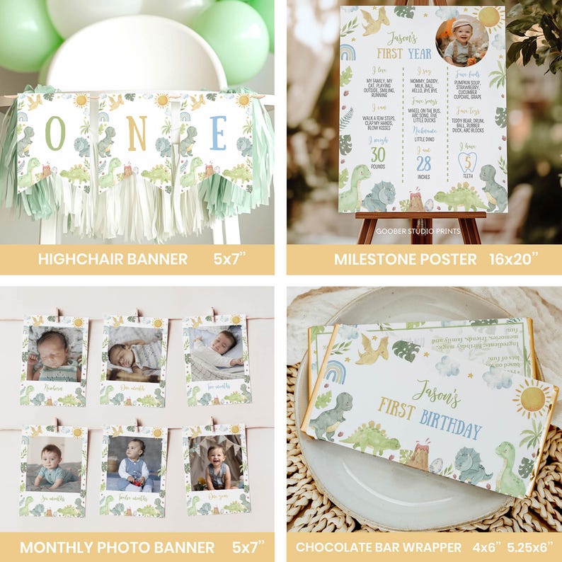 May include: A dinosaur-themed first birthday party set including a highchair banner, a 16x20 inch milestone poster, a monthly photo banner with 5x7 inch frames, and a 4x5.25 inch chocolate bar wrapper, all featuring pastel illustrations.