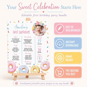 Editable Sweet One First Birthday Invitation Bundle, Donut Birthday Party Decor Kit, Girl 1st Birthday Package Instant Download. D010 image 2