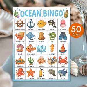 Juego de bingo oceánico imprimible / Tarjetas de bingo bajo el mar / Tarjetas de bingo con temática oceánica para cumpleaños, aula o baby shower, descarga instantánea.