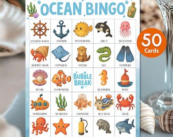 Ocean Bingo Game Printable | Under The Sea Bingo Cards | Ocean Themed Bingo Cards for Birthday, Classroom, or Baby Shower, Instant Download.