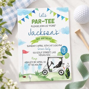 May include: A rectangular birthday invitation card featuring a watercolor golf theme. The text reads: Let's PAR-TEE PLEASE JOIN US FORE Jackson's 3RD BIRTHDAY, SUNDAY APRIL 15TH AT 3:00 PM, Green Golf, 123 GOLF STREET, LAS VEGAS.1234, RSVP ASHLEY BY APRIL 10 AT 123.456.789.