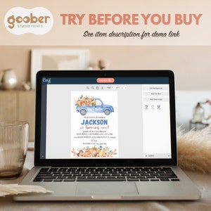 May include: A laptop screen displaying a digital birthday invitation template featuring a blue truck carrying pumpkins, with text reading "OUR LITTLE PUMPKIN JACKSON is turning one!" and event details including a date, time, and address in Los Angeles.