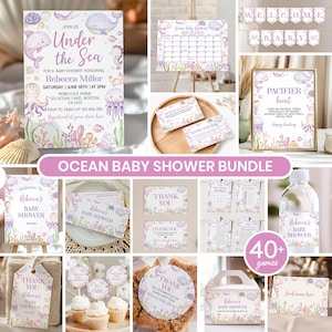 Puede incluir: Un conjunto de papeler&iacute;a para baby shower con tem&aacute;tica oce&aacute;nica que presenta ilustraciones en acuarela de ballenas, delfines, medusas y corales en tonos morados y rosas. Incluye invitaciones, juegos, letreros y etiquetas con el texto Under the Sea.