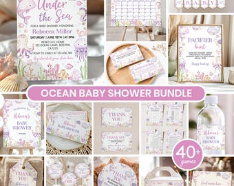 Ocean Baby Shower Bundle Girl | Under the Sea Party Decor Games | Nautical Baby Shower Kit | Printable Pink Baby Shower Set Template. O015