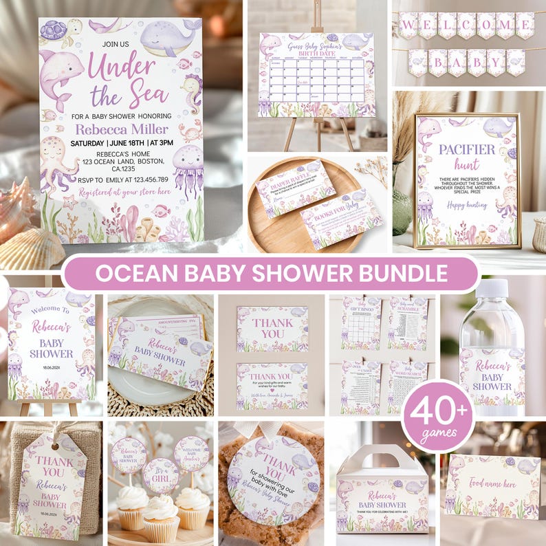 Puede incluir: Un conjunto de papeler&iacute;a para baby shower con tem&aacute;tica oce&aacute;nica que presenta ilustraciones en acuarela de ballenas, delfines, medusas y corales en tonos morados y rosas. Incluye invitaciones, juegos, letreros y etiquetas con el texto Under the Sea.