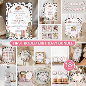 May include: A first rodeo birthday party decoration bundle featuring cow print patterns, pink accents, cowboy boots, cacti, and horseshoes. The set includes invitations, milestone boards, photo banners, cupcake toppers, and thank you tags with western-themed graphics.