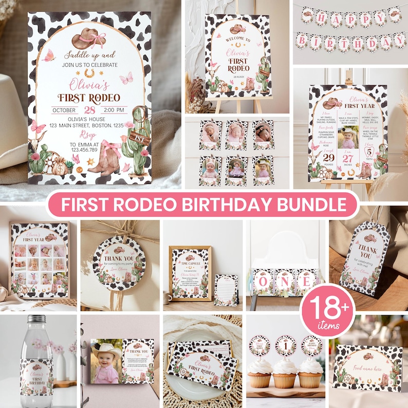 May include: A first rodeo birthday party decoration bundle featuring cow print patterns, pink accents, cowboy boots, cacti, and horseshoes. The set includes invitations, milestone boards, photo banners, cupcake toppers, and thank you tags with western-themed graphics.