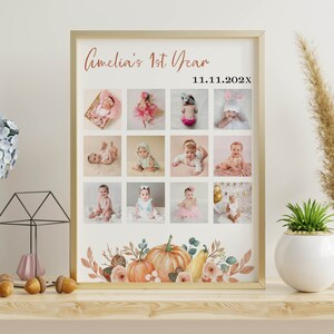 Editable First Year Photo Collage, 12 Month Boho Floral Collage, Fall Birthday Milestone, Pumpkin 1st Birthday Photo Frame Template P004