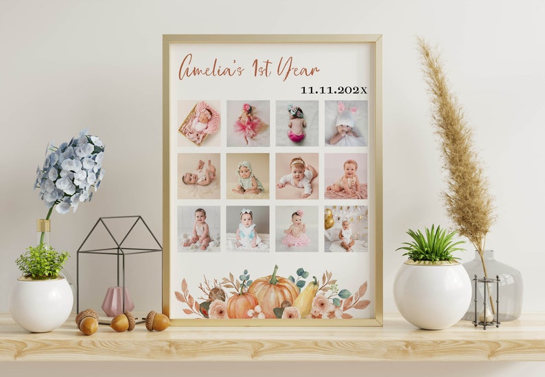 Editable First Year Photo Collage, 12 Month Boho Floral Collage, Fall Birthday Milestone, Pumpkin 1st Birthday Photo Frame Template P004