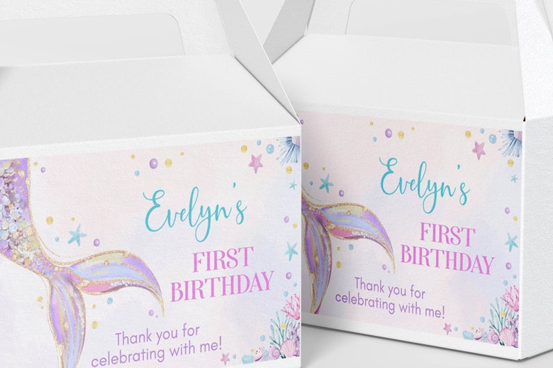 EDITABLE Mermaid Gable Gift Box Label, Pastel Mermaid Birthday Favor ...