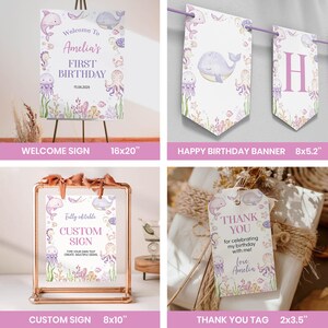 May include: A collection of birthday party stationery featuring watercolor sea creatures including a dolphin, whale, octopus, and seahorse in purple and pink tones. Items include a 16x20 inch welcome sign, a banner, an 8x10 inch custom sign, and a 2x3.5 inch tag.