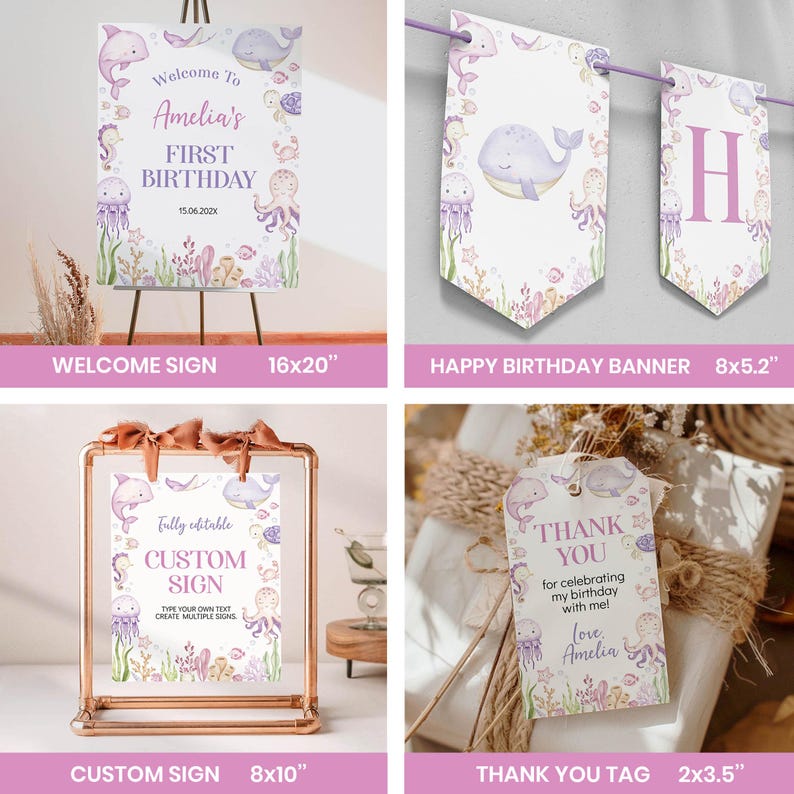 May include: A collection of birthday party stationery featuring watercolor sea creatures including a dolphin, whale, octopus, and seahorse in purple and pink tones. Items include a 16x20 inch welcome sign, a banner, an 8x10 inch custom sign, and a 2x3.5 inch tag.