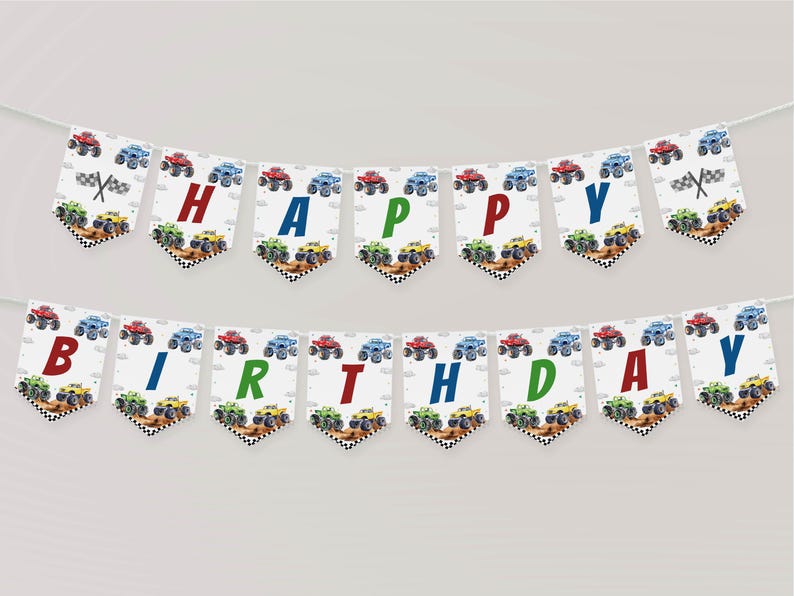 May include: A white and blue birthday banner with monster trucks and the words "Happy Birthday" in colorful letters.