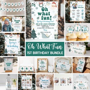Christmas First Birthday Invitation Bundle, Oh What Fun It Is To Be One Invite Kit, Winter First Birthday Package, Instant Download. HC02