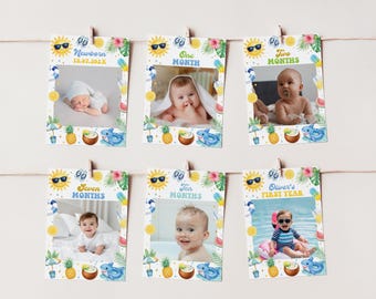 Banner fotográfico mensual editable "One in the Sun" / Banner fotográfico de primer cumpleaños / Banner mensual para fiestas en la piscina / Descarga instantánea / S027