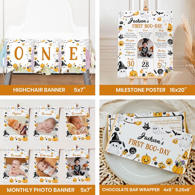 May include: A collection of Halloween-themed party supplies including a highchair banner, a 16x20 inch milestone poster, a monthly photo banner, and a 4x5.25 inch chocolate bar wrapper, all featuring ghosts, pumpkins, and bats.
