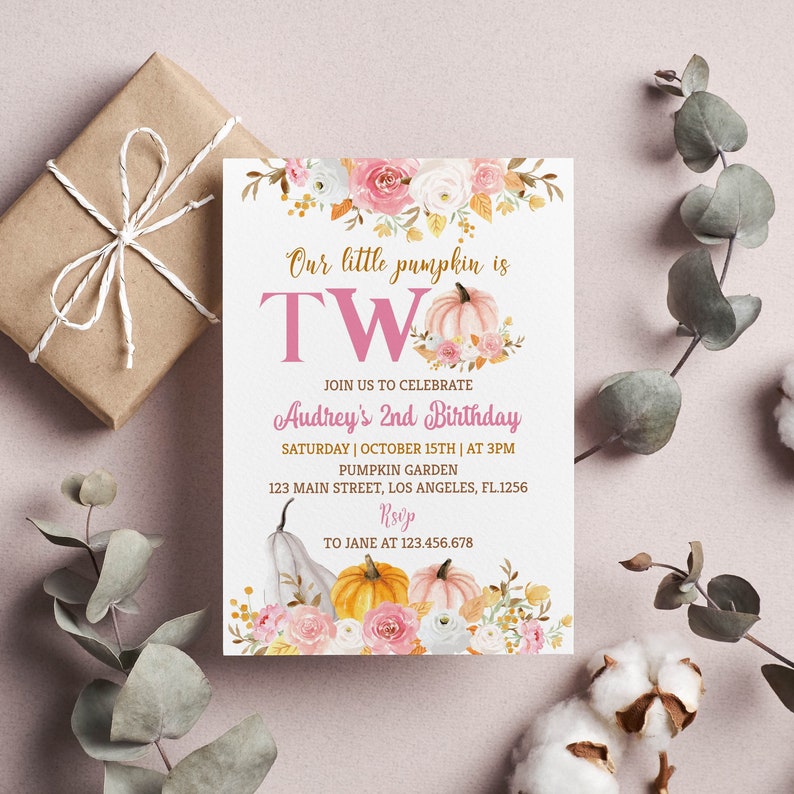 EDITABLE Our Little Pumpkin Is Turning Two Invitation, Girl 1st Birthday Invite, Pumpkin 2nd Birthday Invitation, Printable Invite. P015
