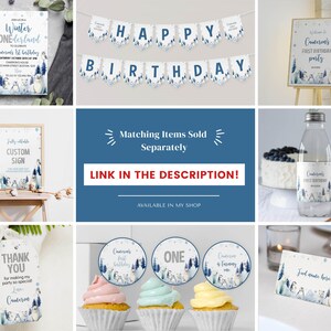 May include: A collection of winter-themed party decorations featuring polar bears and penguins, including a birthday invitation, a Happy Birthday banner, welcome signs, water bottle labels, thank you tags, cupcake toppers, and place cards.