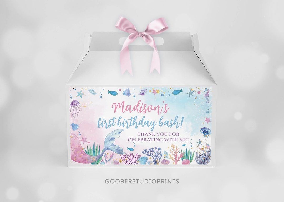 EDITABLE Mermaid Gable Gift Box Label, Pastel Mermaid Birthday Favor ...