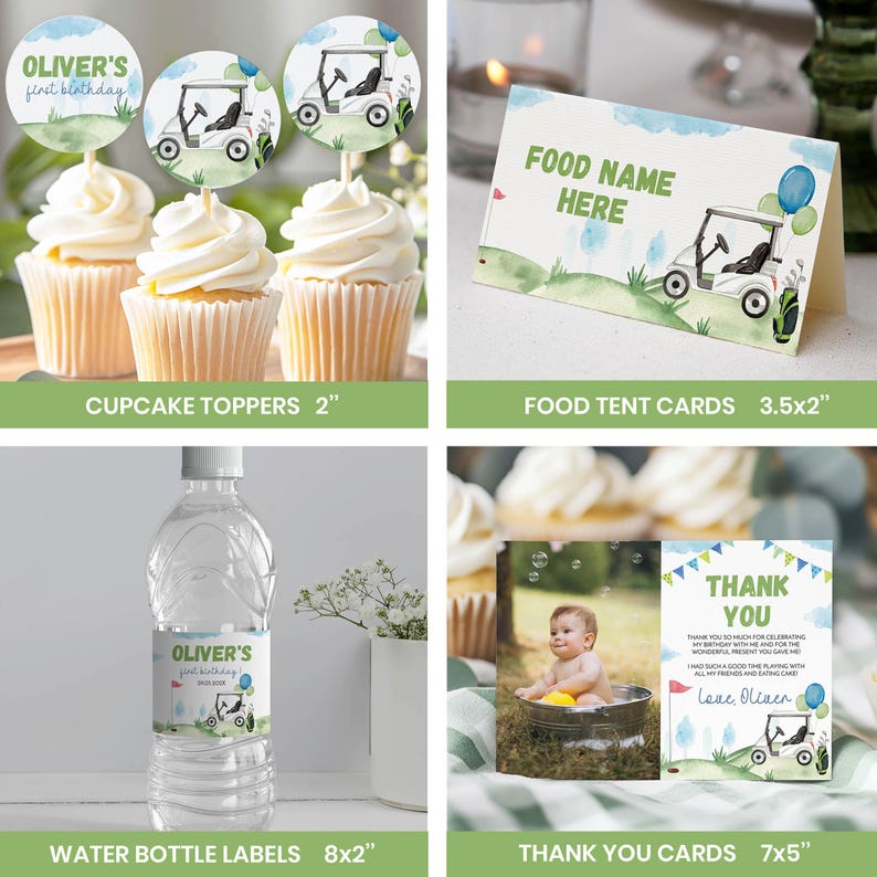 May include: A collection of golf-themed party supplies including round cupcake toppers, a folded food tent card, a water bottle label, and a thank you card, all featuring watercolor golf carts, blue balloons, and green grass illustrations.