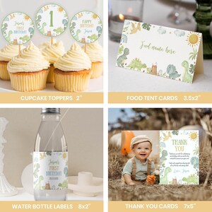 May include: A collection of dinosaur-themed party supplies including round 2-inch cupcake toppers, a 3.5x2-inch food tent card, 8x2-inch water bottle labels, and a 7x5-inch thank you card featuring illustrations of dinosaurs, suns, and clouds.