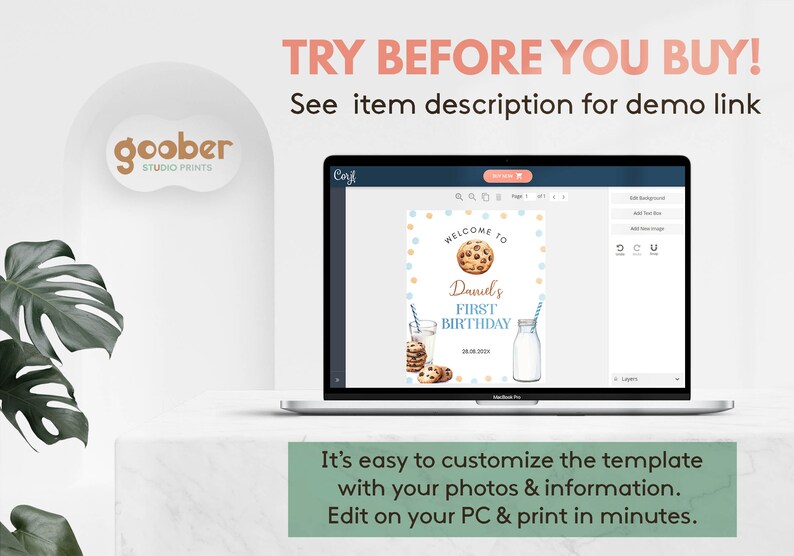 May include: A laptop screen displaying a customizable printable birthday sign template with a cookie and milk theme. The sign says "Welcome to Daniel's First Birthday".