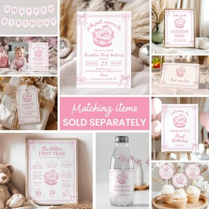 May include: A collection of pink and white birthday party stationery featuring a cake illustration with bows, including an invitation, thank you card, welcome sign, food labels, water bottle label, and milestone board with text like Girls just wanna be one.