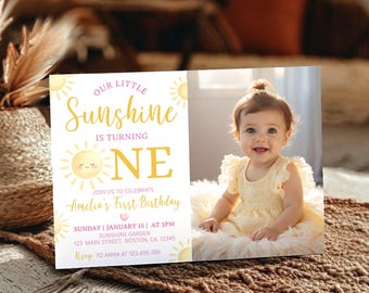 First Trip Around the Sun Birthday Invitation | Girl 1st Birthday Invite | Sunshine Party Photo Invitation | Editable Instant Download, S025