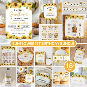 May include: A sunflower-themed first birthday party bundle featuring invitations, milestone boards, photo banners, thank you tags, cupcake toppers, and signage. The set includes white paper goods decorated with yellow sunflower illustrations and gold text.