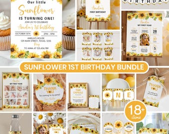 Sonnenblume erste Geburtstagseinladung Bündel | Unser kleines Sonnenblumen-Party-Bundle | Boho Mädchen Dekor Printable | Bearbeitbarer Sofortiger Download, S014
