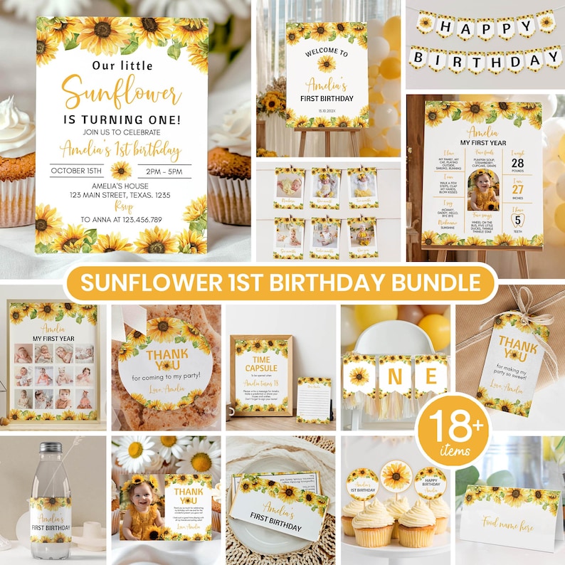 May include: A sunflower-themed first birthday party bundle featuring invitations, milestone boards, photo banners, thank you tags, cupcake toppers, and signage. The set includes white paper goods decorated with yellow sunflower illustrations and gold text.