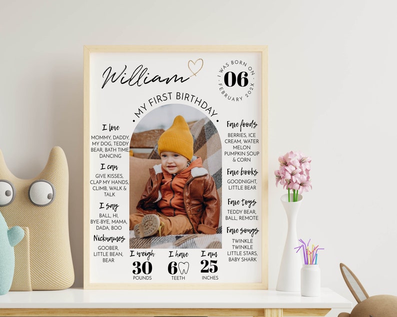 EDITABLE First Birthday Milestone Sign, Modern 1st Birthday Milestone Poster, One Year Photo Baby Milestone Board, Printable Template. #M004 image 3